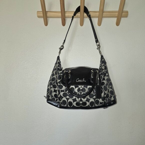 Coach Ashley Black Signature C Patent Leather Satchel F15443 Convertible Bag - Picture 3 of 16